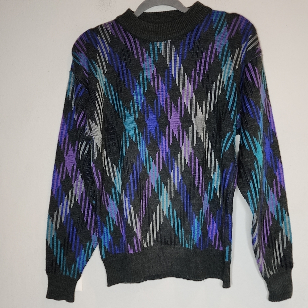 Vintage Cambridge Classics Wool Blend Knit Sweater Grey Blue Purple Medium